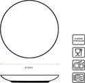 Technische tekening van een 20cm bord, met iconen voor A-grade porselein, vaatwasser, magnetron en oven.