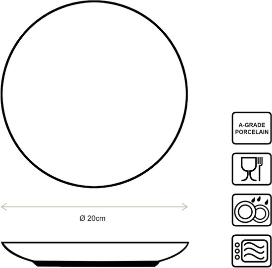 Technische tekening van een 20cm bord, met iconen voor A-grade porselein, vaatwasser, magnetron en oven.