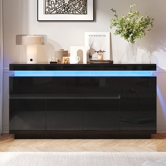 OKWISH Dressoir Zwart Hoogglans 2 Lades 4 Deuren LED Verlichting 140 X 35 X 72,5 Cm Opbergkast Voor Woonkamer En Eetkamer van okwish — afbeelding 5