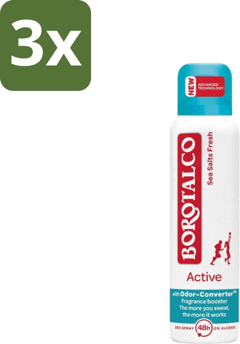 Borotalco - Deodorant Spray - Active - Sea Salts Fresh - 0% Alcohol - 150 ml - Bulkverpakking - 3 stuks