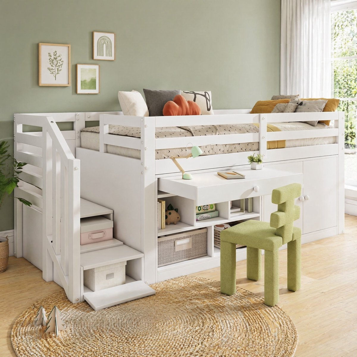 Wishdor Hoogslaper 90 x 200 cm - Met trap en opbergruimte - Bureau en omkeerbare laden - Links en rechts verwisselbaar - Wit hout en MDF - Kinderen slaapkamer