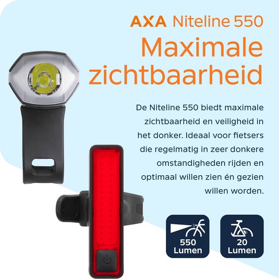 AXA Niteline 550 fietsverlichting set - Oplaadbare LED fietsverlichting voor- en achterlicht - USB‑C - krachtige verlichting voor maximale zichtbaarheid — afbeelding 5