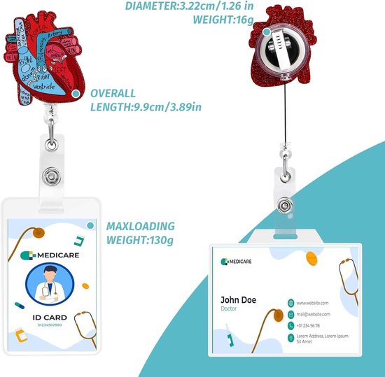 Hartvormige Badgehouder met Retractable Reel en ID Kaart Clip - Grappige Verpleegkundige Naamtag Houder voor Kinderen, Artsen en Medische Assistenten met Alligator Clips — afbeelding 4