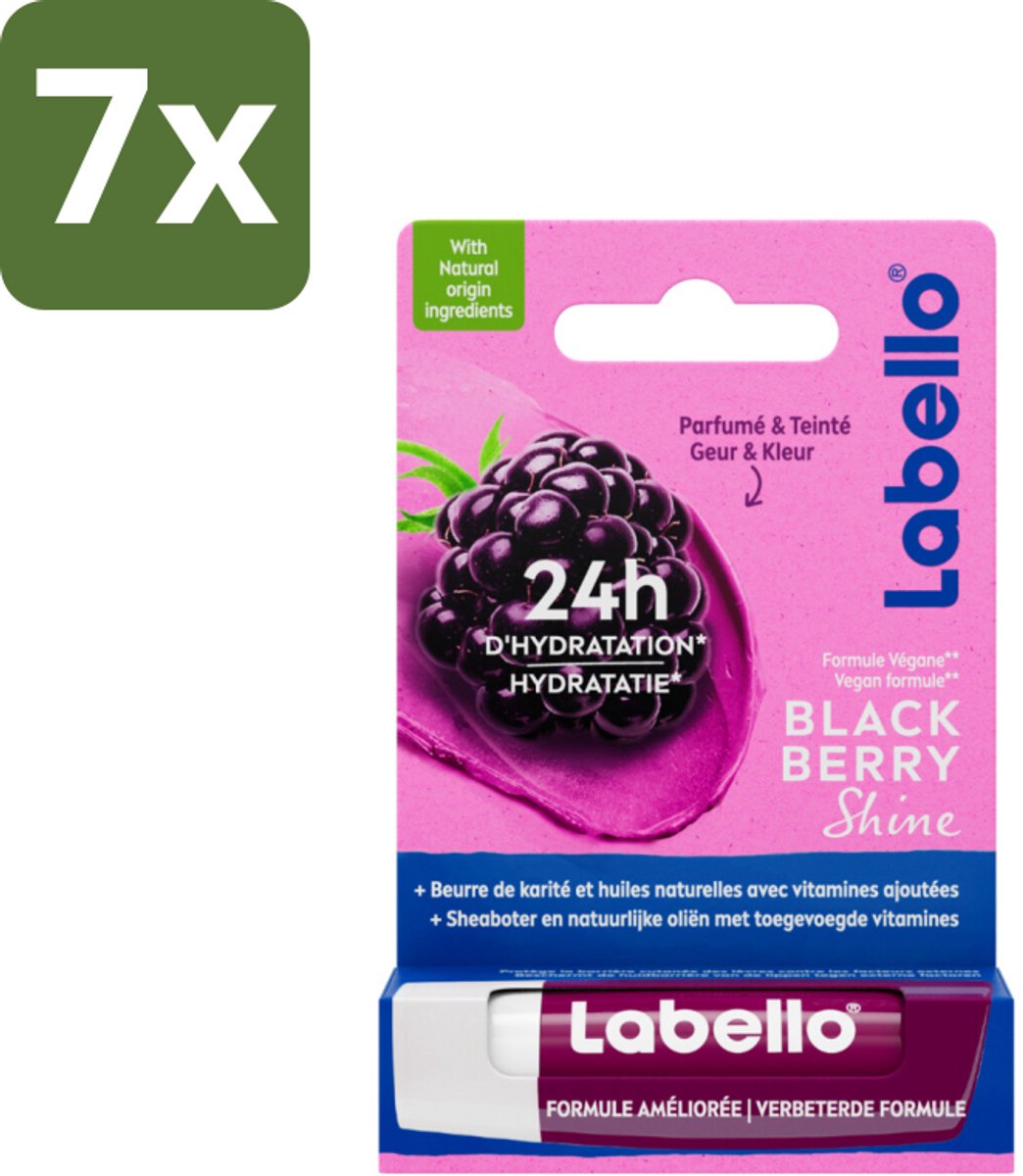 Labello – Lippenbalsem – Blackberry Shine – Lippenbalsem – Shea Boter & Jojoba Olie – 5,5 ml - Bulkverpakking - 7 stuks