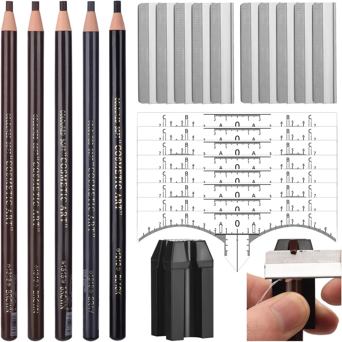 Set van 5 Microblading Oogbrauwpotloden met Oogbrauwmapping Ruler en Slijper voor Perfecte Oogbrows, Make-up Kit voor Vullen en Vormgeven van Oogbrows