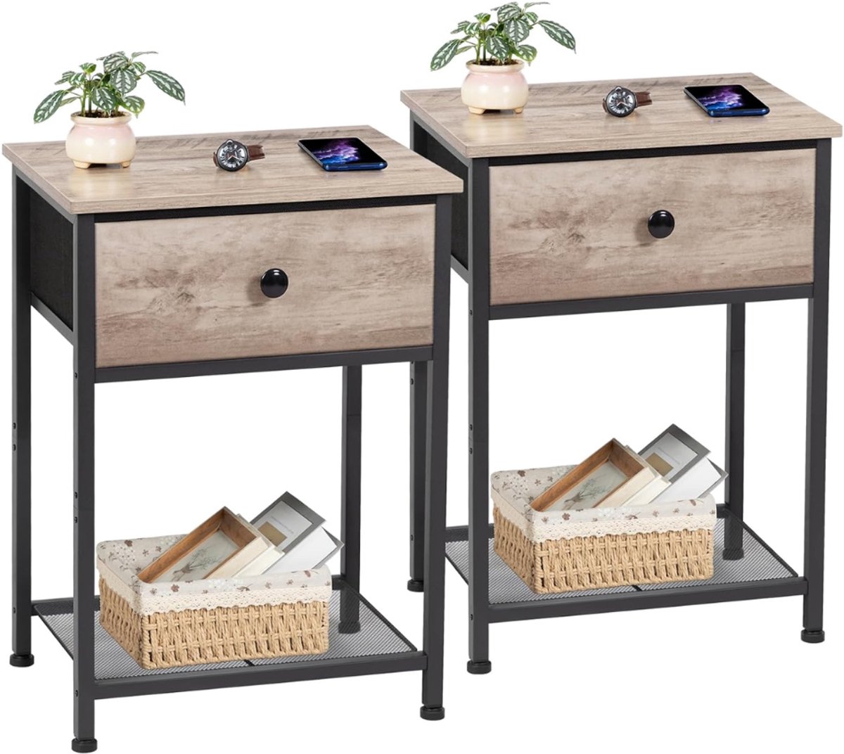 ZRNS® Nachtkastje Set van 2 - Met Stoffen Laden - Bijzettafel - Voor Slaapkamer en Woonkamer - Grijs