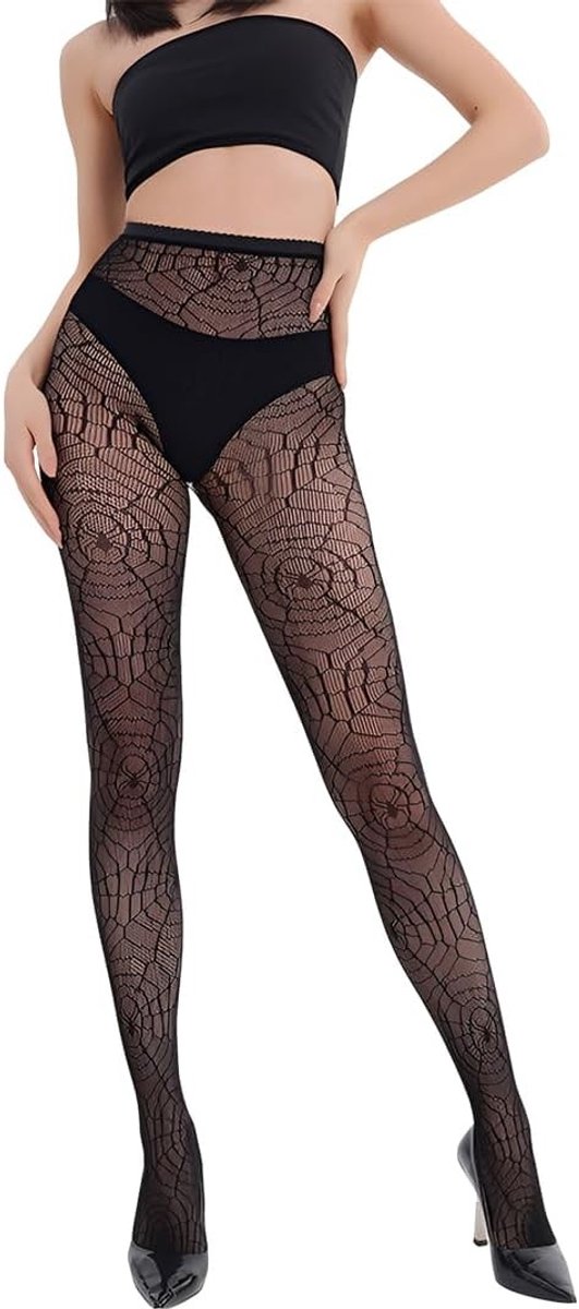 Zwarte netkousen met spinnenwebpatroon, perfect voor Halloween, cosplay en carnavalskostuums, ook geschikt voor feestkleding en accessoires voor vrouwen