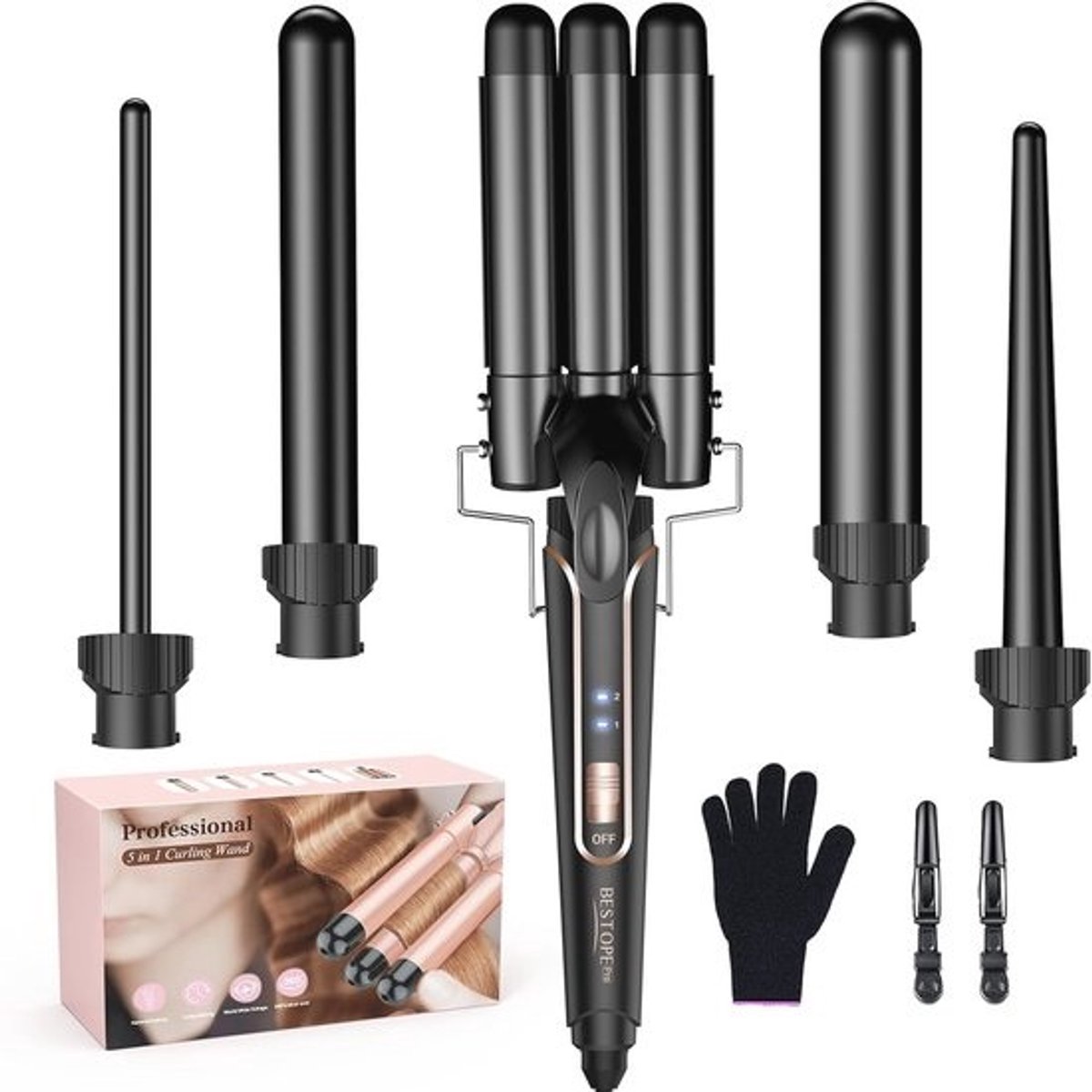 5-in-1 Krultang Set met 3 Vaten voor Grote Golven - Temperatuurinstelling en Snelle Opwarming