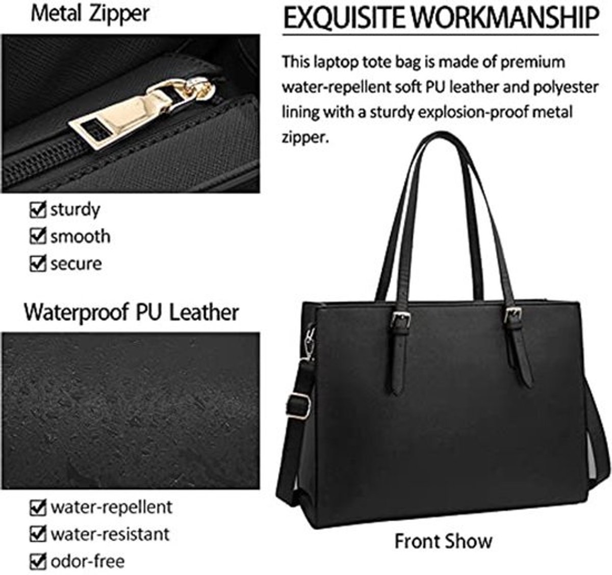 Grote Zwarte Handtas voor Dames - Leren Shopper met Laptopvak