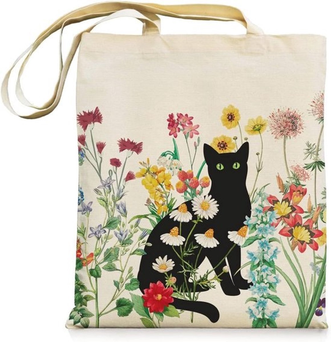 Vintage Zwarte Kat Canvas Tas met Ritsvakken - Herbruikbare Shopper voor Dames