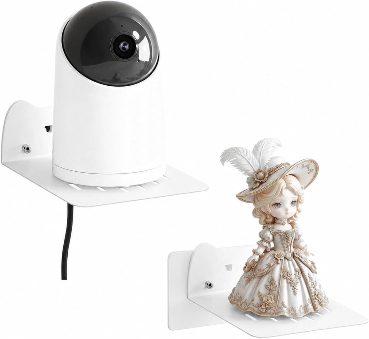 Witte metalen wandplank van 12 cm, zwevend rek met kabeldoorvoer, ideaal voor woonkamer en slaapkamer, set van 2 voor slimme luidsprekers en opberging