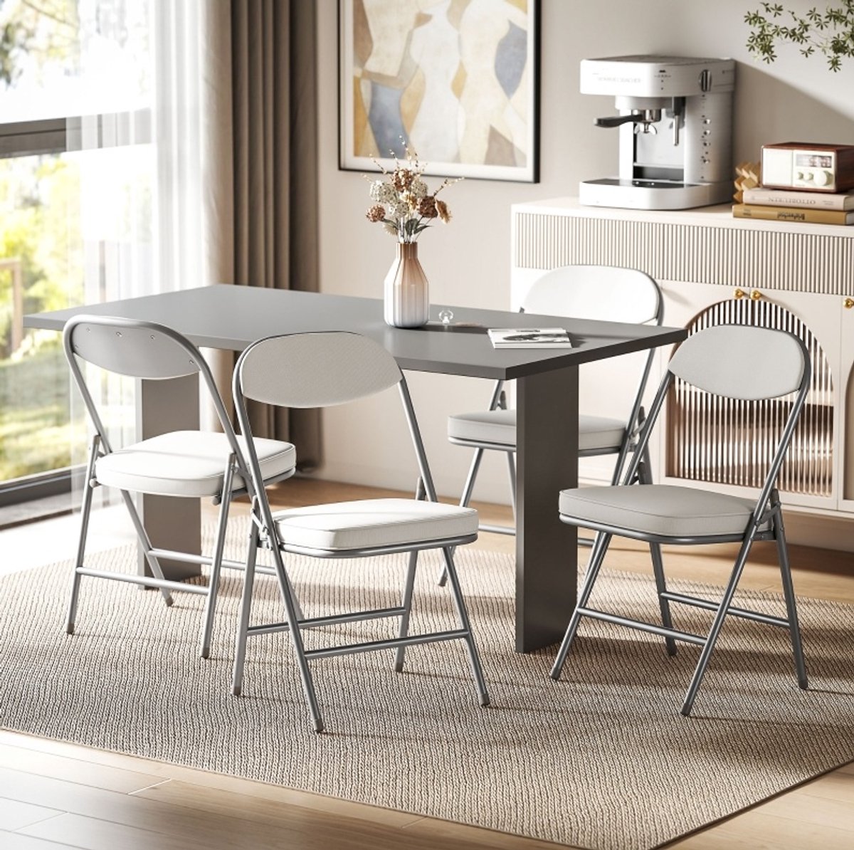 MIVRAY Inklapstoel 45 x 48,5 x 82 cm - Set van 4 met Gevoerde Rugleuning en Zitting - Voor Keuken, Gasten en Camping - Metaal Cremewit