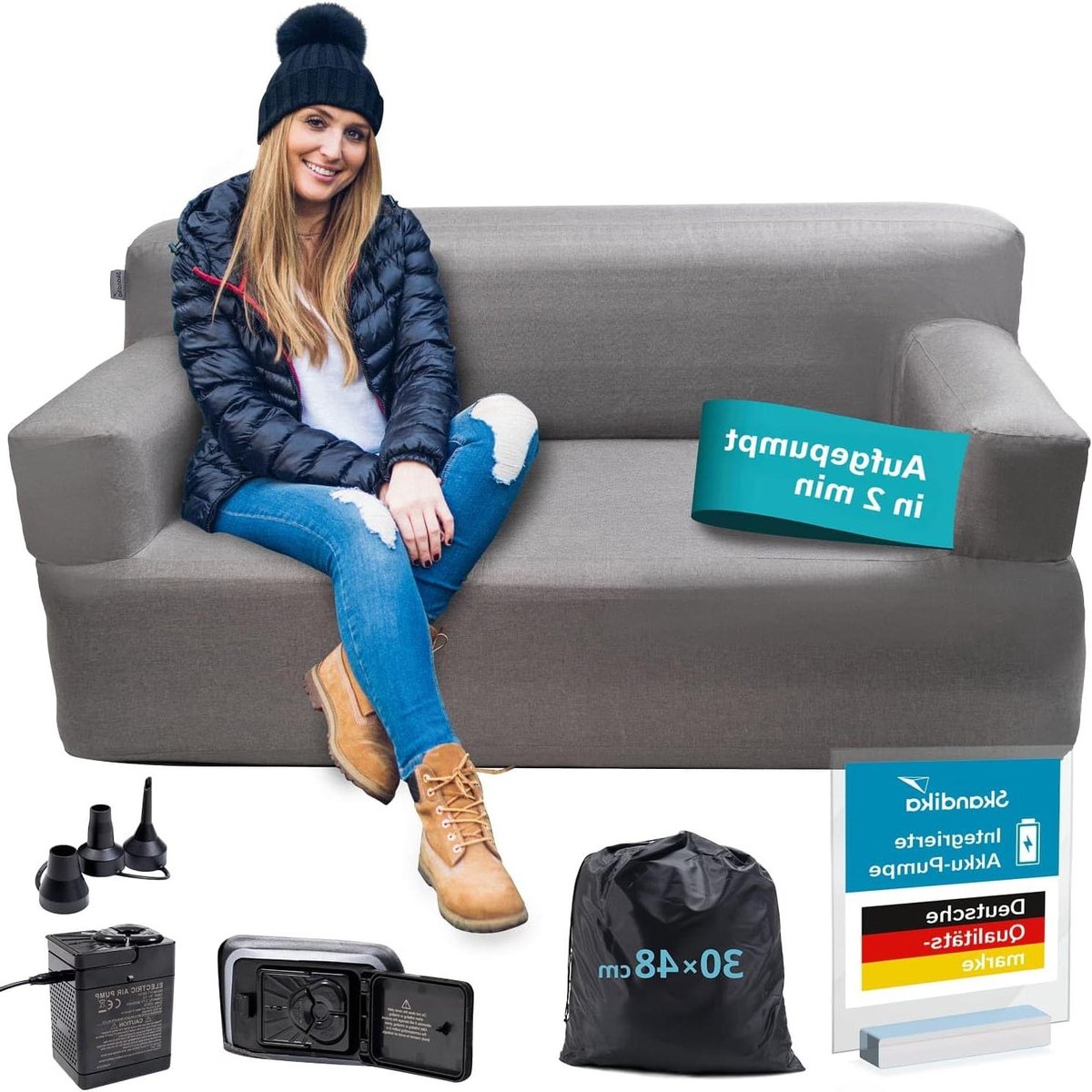Opblaasbare bank - Luchtbank logeerbed - Outdoor recreatie - Met USB pomp - 160 cm breed - Grijs