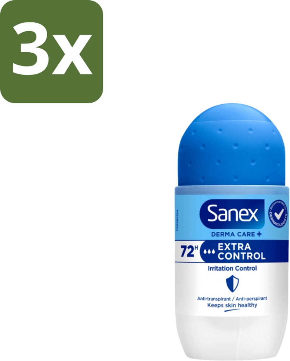 3 x Sanex Deodorant Roller Dermo Extra Control 53 ml - Anti-transpirant Roller - Zweetvermindering - Huidbalans - Aluminiumchloride - Geurvervoeging