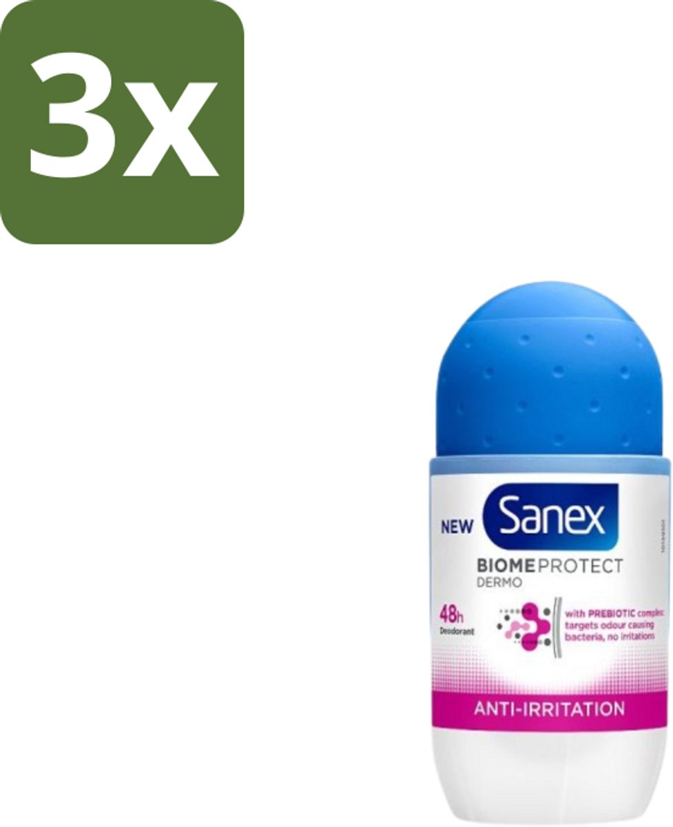 3 x Sanex – Deo Roll-on – BiomeProtect Dermo Anti-Irritation – 50 ml - Gevoelige Huid - Anti-irritatie - Huidmicrobioom - Deodorant Roller - Alcoholvrije Deodorant
