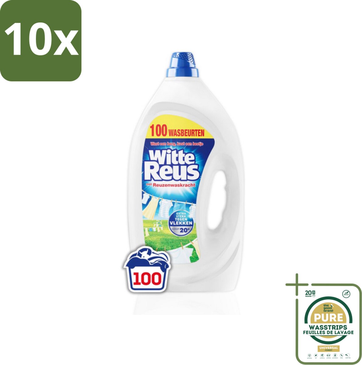 10 x Witte Reus Wasmiddel Gel 100 Wasbeurten 4,5 liter - Grootverpakking - Wasmiddel Gel - Witte Was - Vlekken Verwijderen - Koud Water Wassen - Energiezuinig Wassen