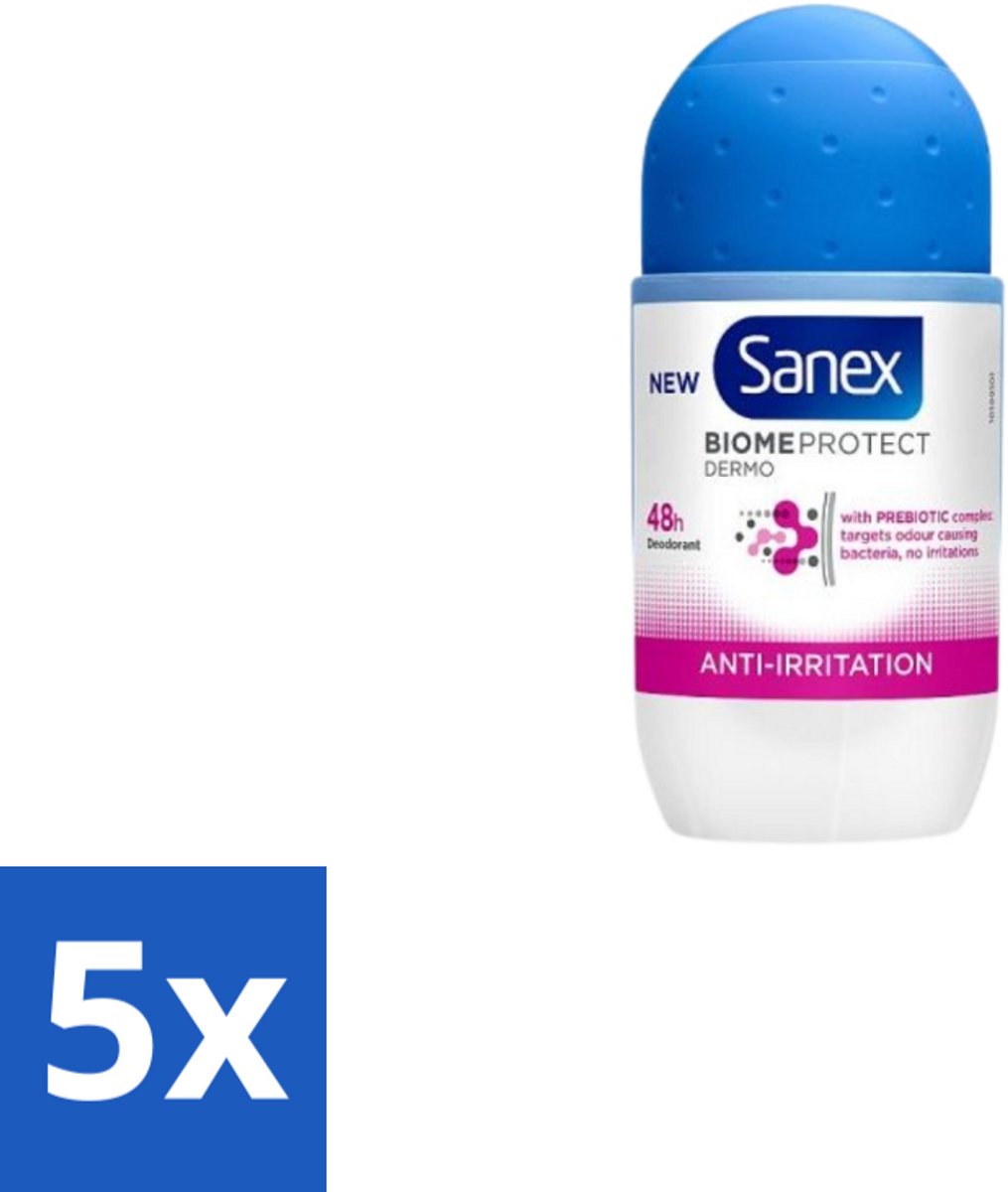 5 x Sanex – Deo Roll-on – BiomeProtect Dermo Anti-Irritation – 50 ml - Gevoelige Huid - Anti-irritatie - Huidmicrobioom - Deodorant Roller - Alcoholvrije Deodorant