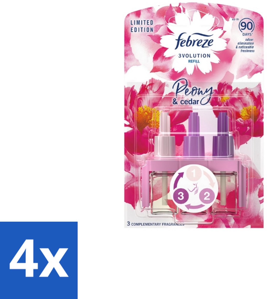 4 x Ambi Pur – Luchtverfrisser – 3Volution Peony & Cedar – Langdurig - Luchtverfrisser - Geurverwijdering - Elektrische Diffuser - Geurautomatisch - Frisheid
