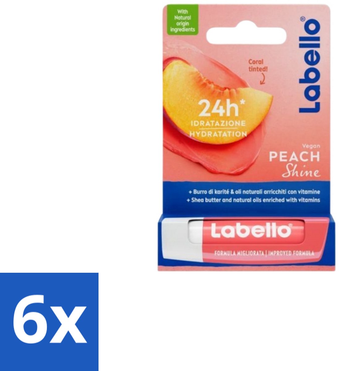6 x Labello Lippenbalsem Blister Peach Shine 4,8 gr - Lippenbalsem - Vegan Lippenbalsem - Perzikaroma - Glans Lippen - Natuurlijke Lippenbalsem
