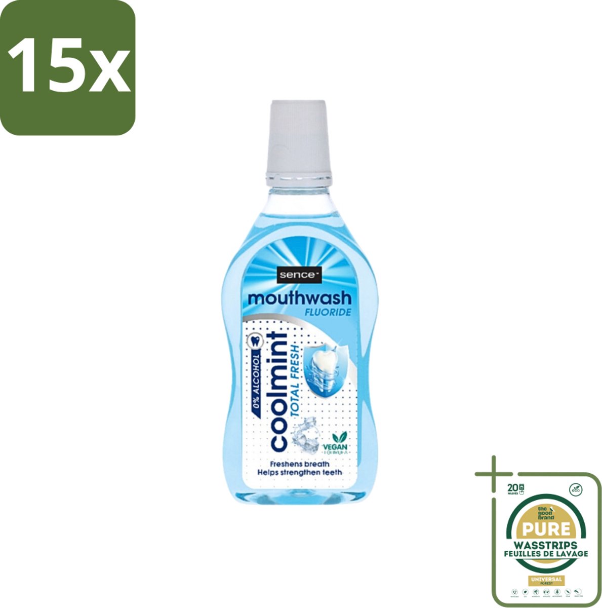 15 x Sence - Fresh Coolmint - Mondwater - Verfrissend - 500 ml - Grootverpakking - Mondwater - Frisse Adem - Koele Mint - Fluoride - Gaatjes Voorkomen