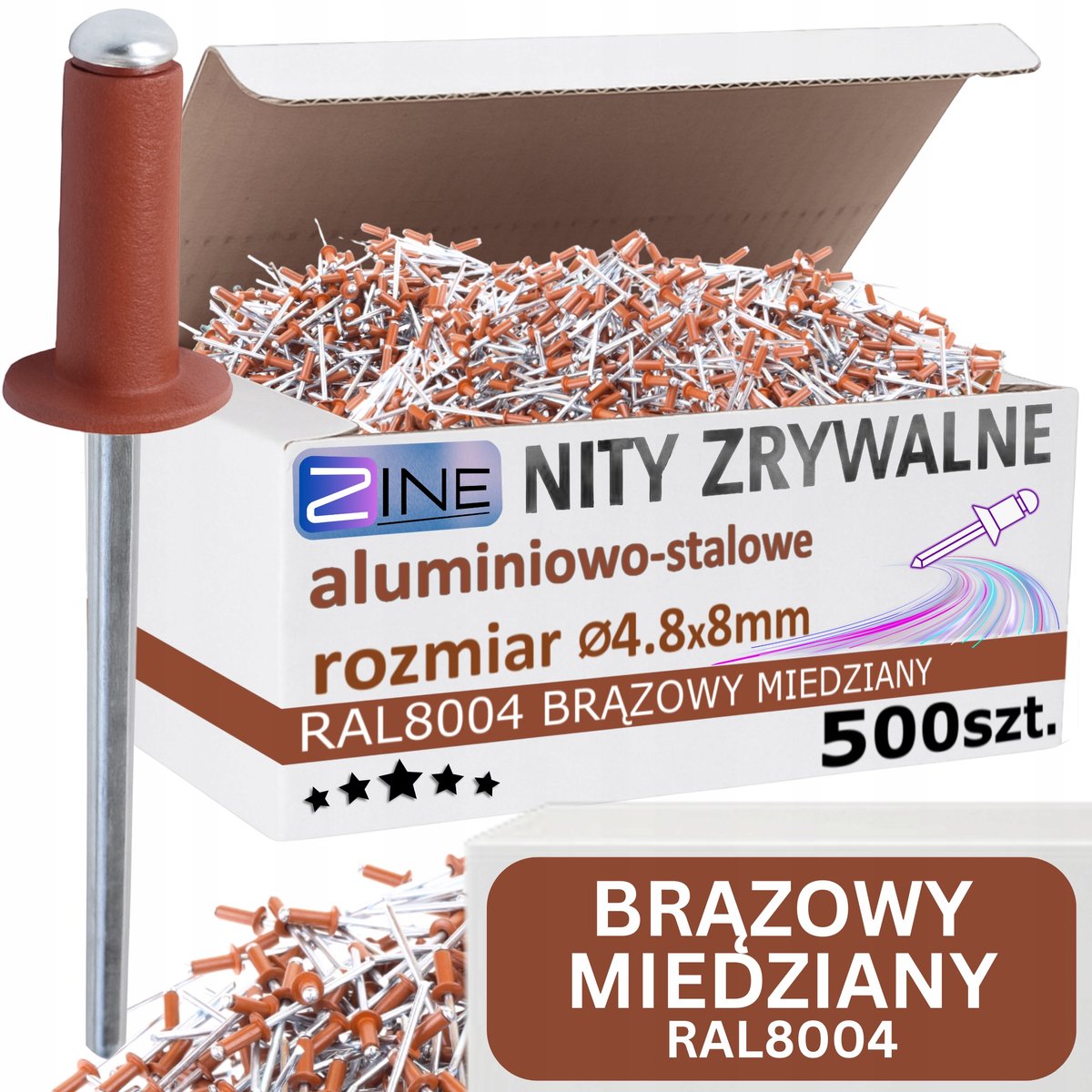 Blindklinknagels 4,8x8mm Brons Koper RAL 8004 ZINE 500 stuks