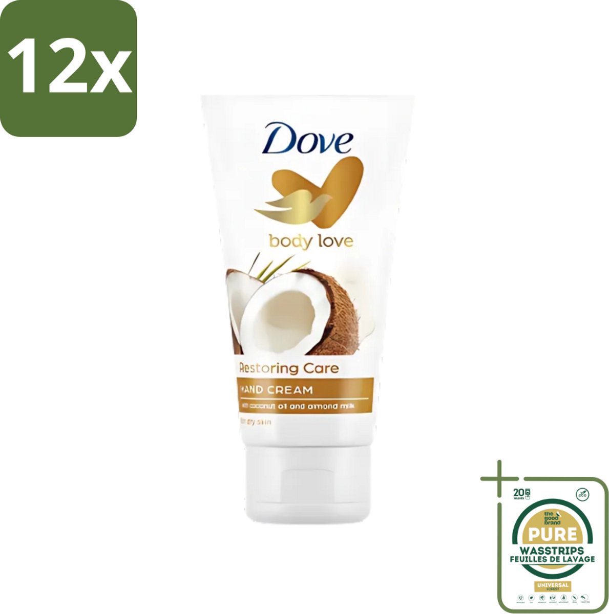 Dove - Handcrème - Body Love Restoring Care - Kokos & Almond - Hydraterend - Droge huid - 75 g - Voordeelverpakking - 12 stuks - Droge huid - Hydraterende crème