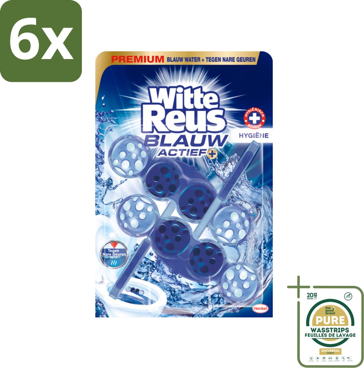 Witte Reus Toiletblok Blauw Actief Hygiëne 2 stuks per verpakking - Voordeelverpakking - 6 stuks - Reinigend schuim - Blauw water
