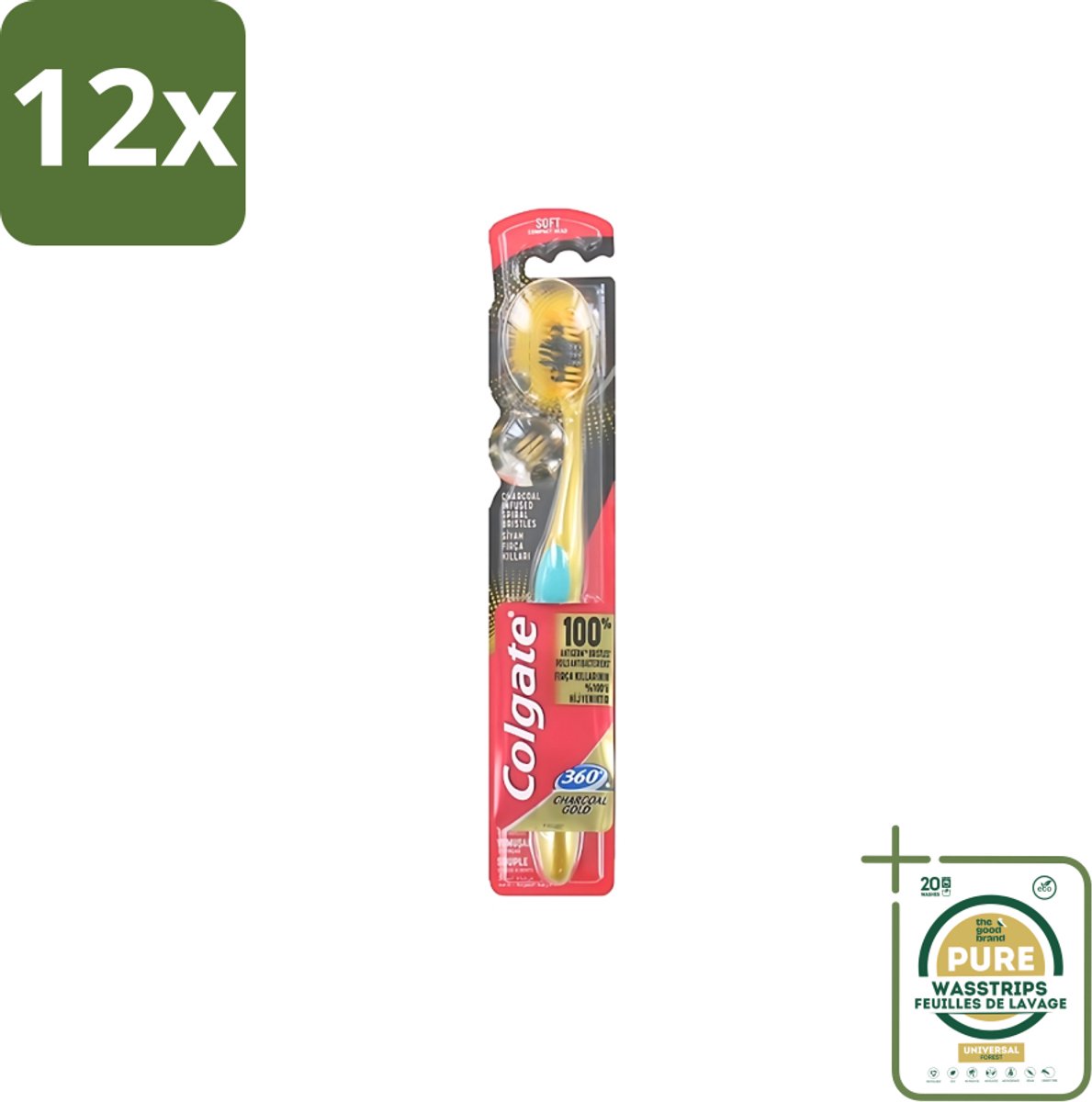 Colgate - Tandenborstel - 360 Charcoal Gold Soft - Zwart/Goud - 1 Tandenborstel - Voordeelverpakking - 12 stuks - Tanden reinigen - Tanden witter maken