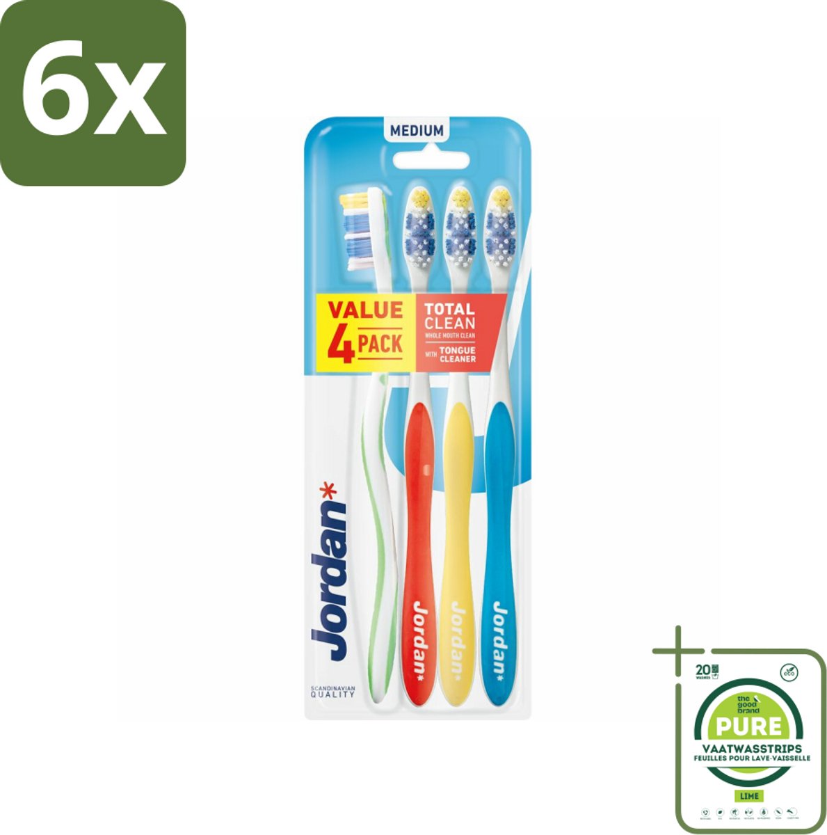 Jordan Tandenborstel Total Clean Medium 4-pack 4 stuks per verpakking - Voordeelverpakking - 6 stuks - Tandenborstel - Mondhygiëne