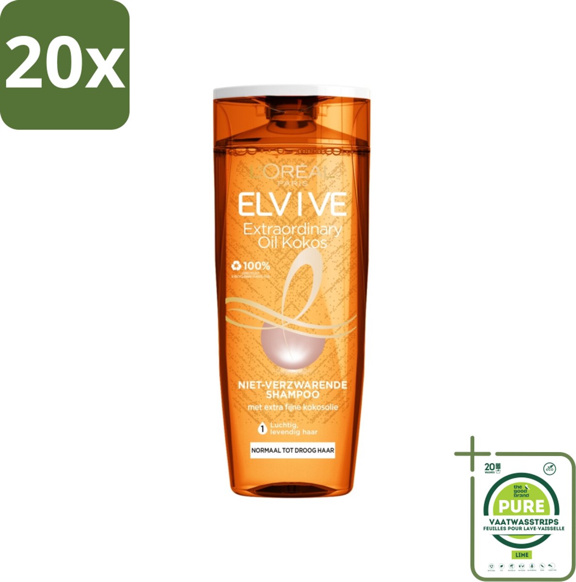 20 x L'Oréal Paris Elvive - Shampoo - Extraordinary Oil - Kokosolie - Voor Droog Haar - 250 ml - Grootverpakking - Droog Haar - Kokosolie Shampoo - Fijne Kokosolie - Siliconenvrije Shampoo - Voedend Shampoo