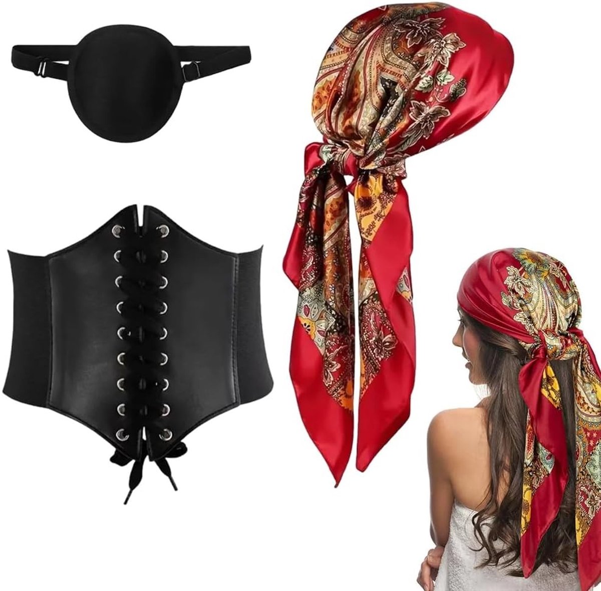 3-delige piratenkostuumaccessoires voor dames - hoofddoeken, korsetten en oogmaskers voor Halloween, carnaval en cosplay plezier