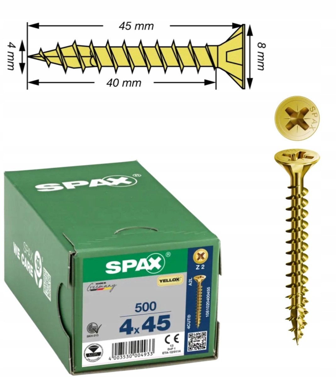 SPAX YELLOX Universele Houtschroeven 4x45mm Goud 500 stuks