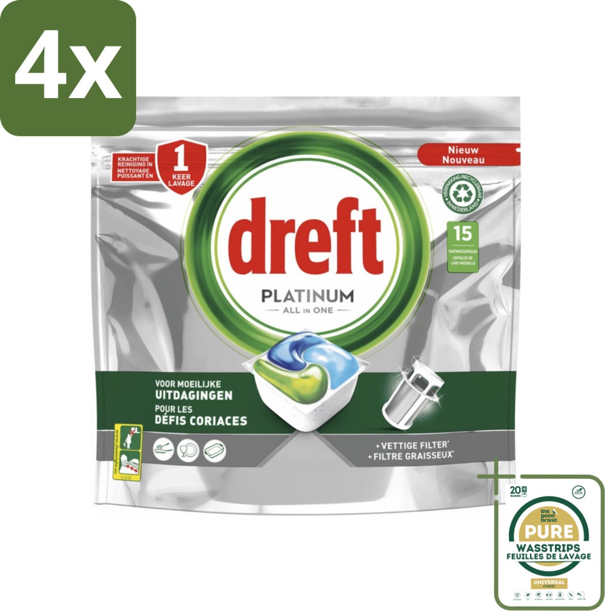 Dreft - Platinum All In One - Vaatwascapsules - Voor Moeilijke Uitdagingen - 15 Capsules - Voordeelverpakking - 4 stuks - Vaatwasmachine filter - Vaatwasmachine reiniging