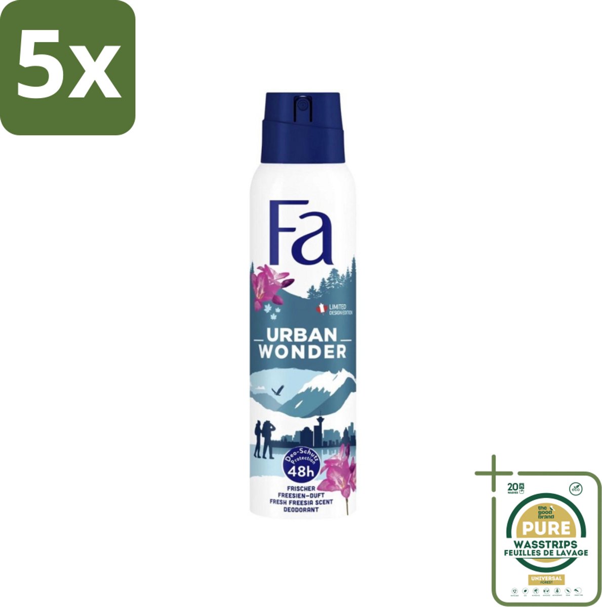 5 x Fa - Deodorant Spray - Urban Wonder - Aardbei - 48 uur Bescherming - 150 ml - Grootverpakking - Deodorant Spray - Aardbei Geur - 48 Uur Bescherming - Huidvriendelijk - Geurveroorzakende Bacteriën