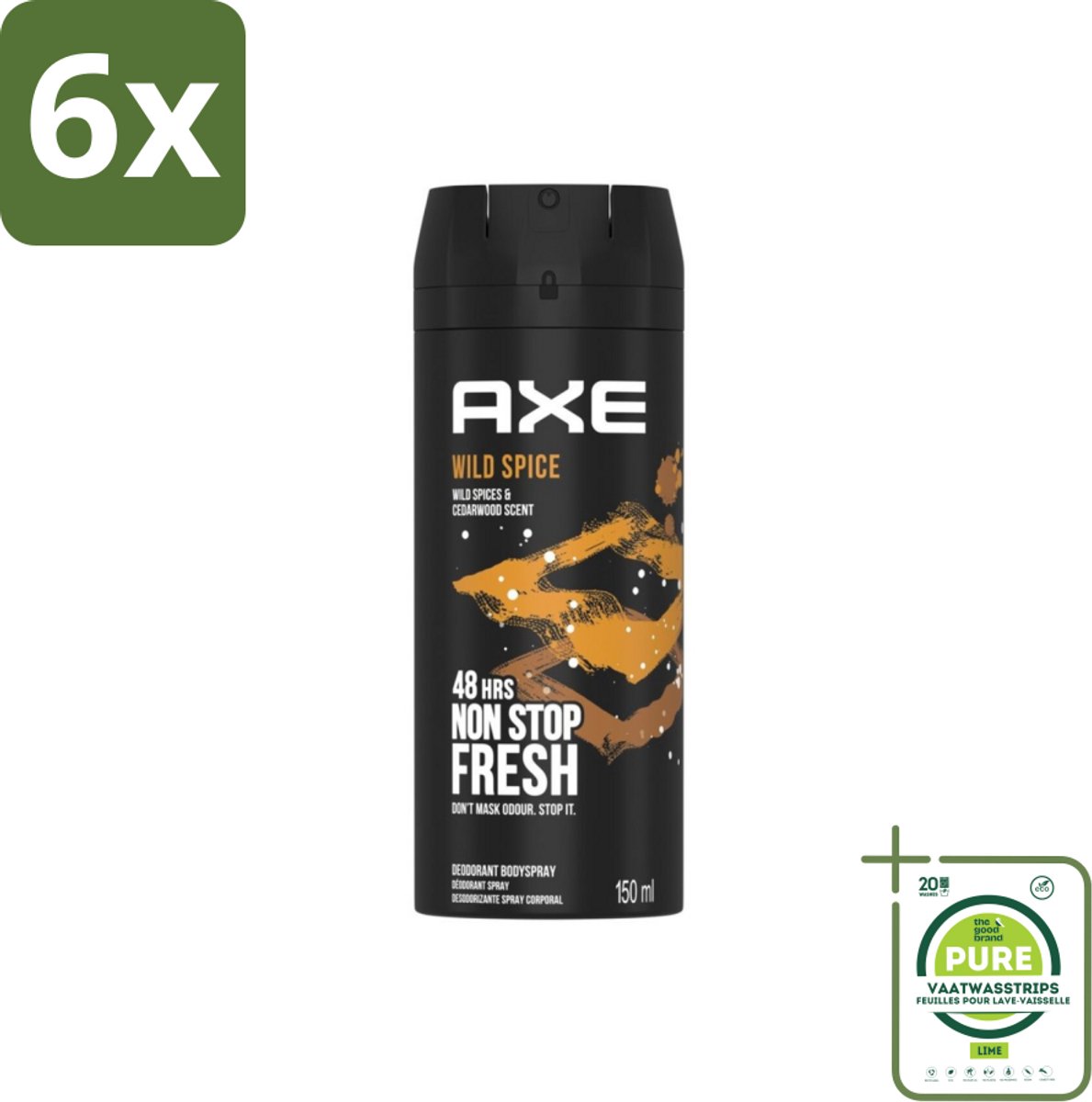 Axe - Deodorant Bodyspray - 48hrs Non Stop Fresh - Wild Spice - Wild Spices & Cedarwood - 150 ml - Voordeelverpakking - 6 stuks - Axe Wild Spice - Deodorant bodyspray