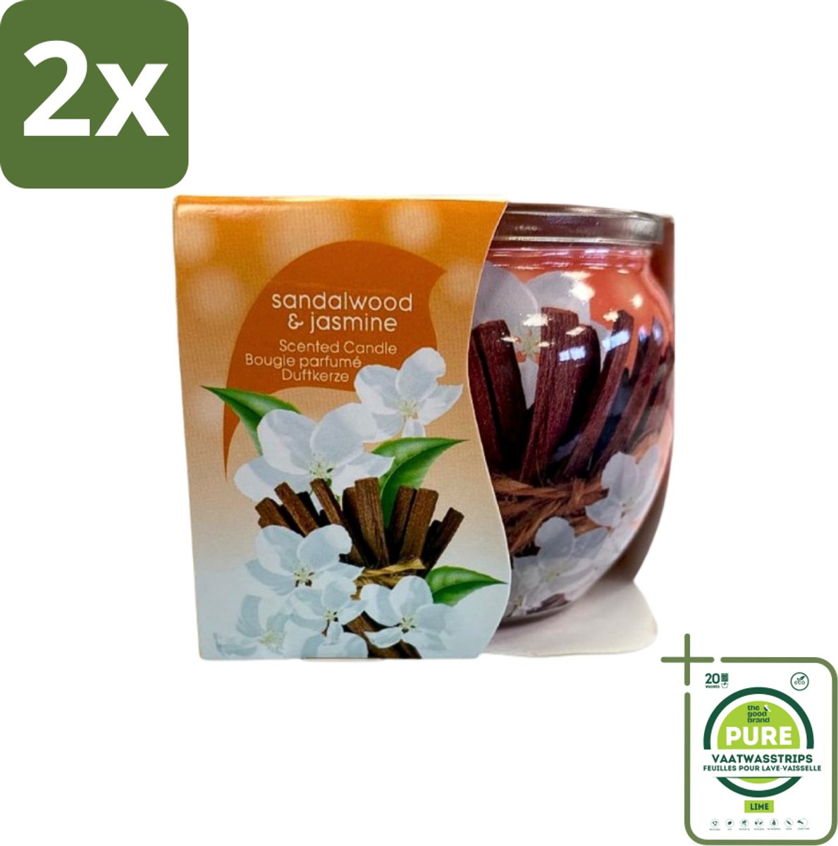 At Home - Scents - Geurkaars - Sandalwood & Jasmin - 70 g - Voordeelverpakking - 2 stuks - Geurkaars - Sandelhout