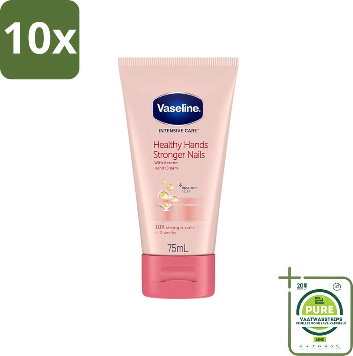 10 x Vaseline - Healthy Hands & Stronger Nails - Handcrème - Versterkend - 75 ml - Grootverpakking - Handcrème - Handen Verzorgen - Nagels Versterken - Keratine - Hydratatie