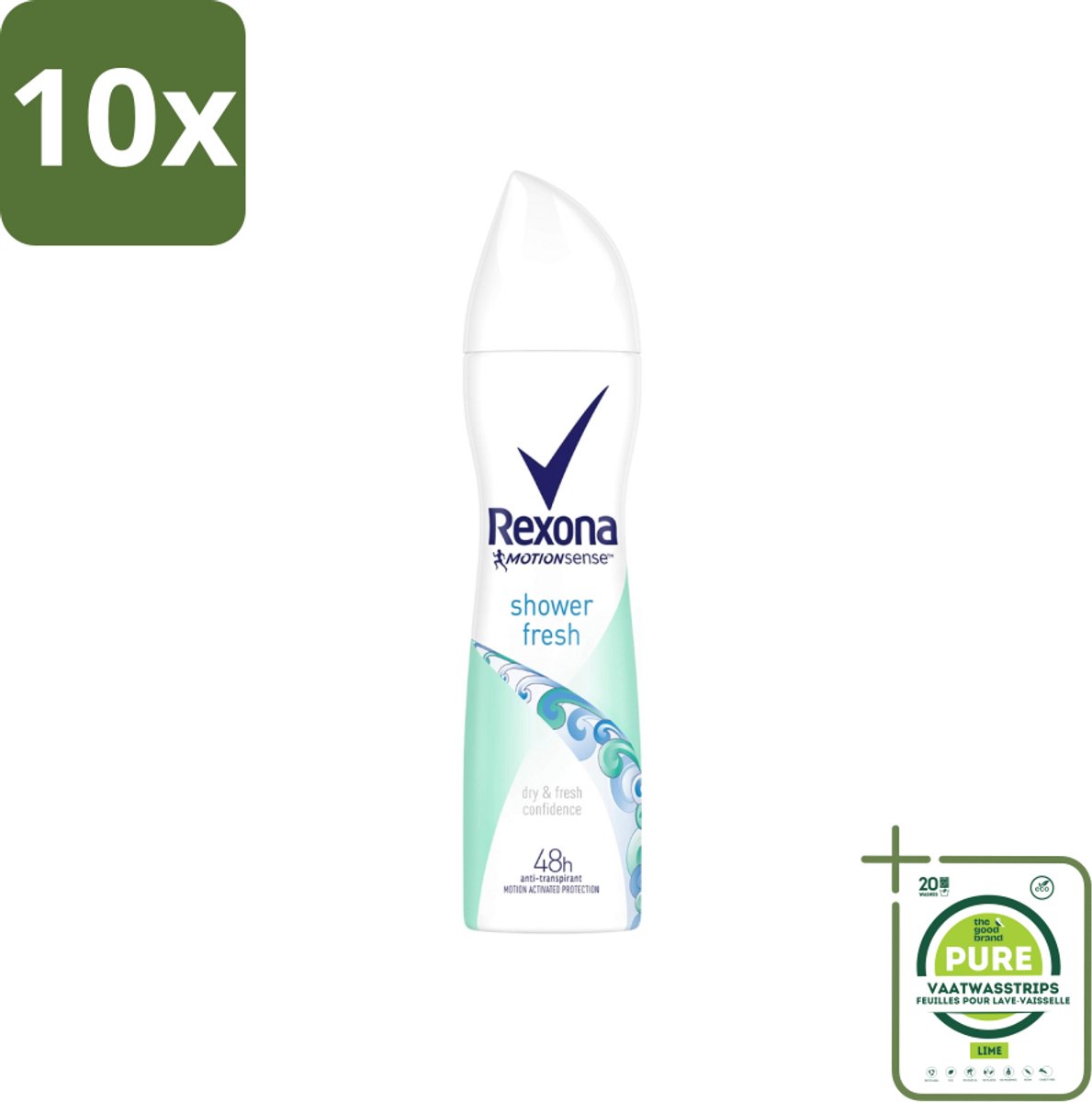 10 x Rexona - Shower Fresh - Deodorant Spray - Anti-transpirant - 150 ml - Grootverpakking - Rexona Shower Fresh - Deodorant Spray - Anti-transpirant - 48 Uur Bescherming - MotionSense™