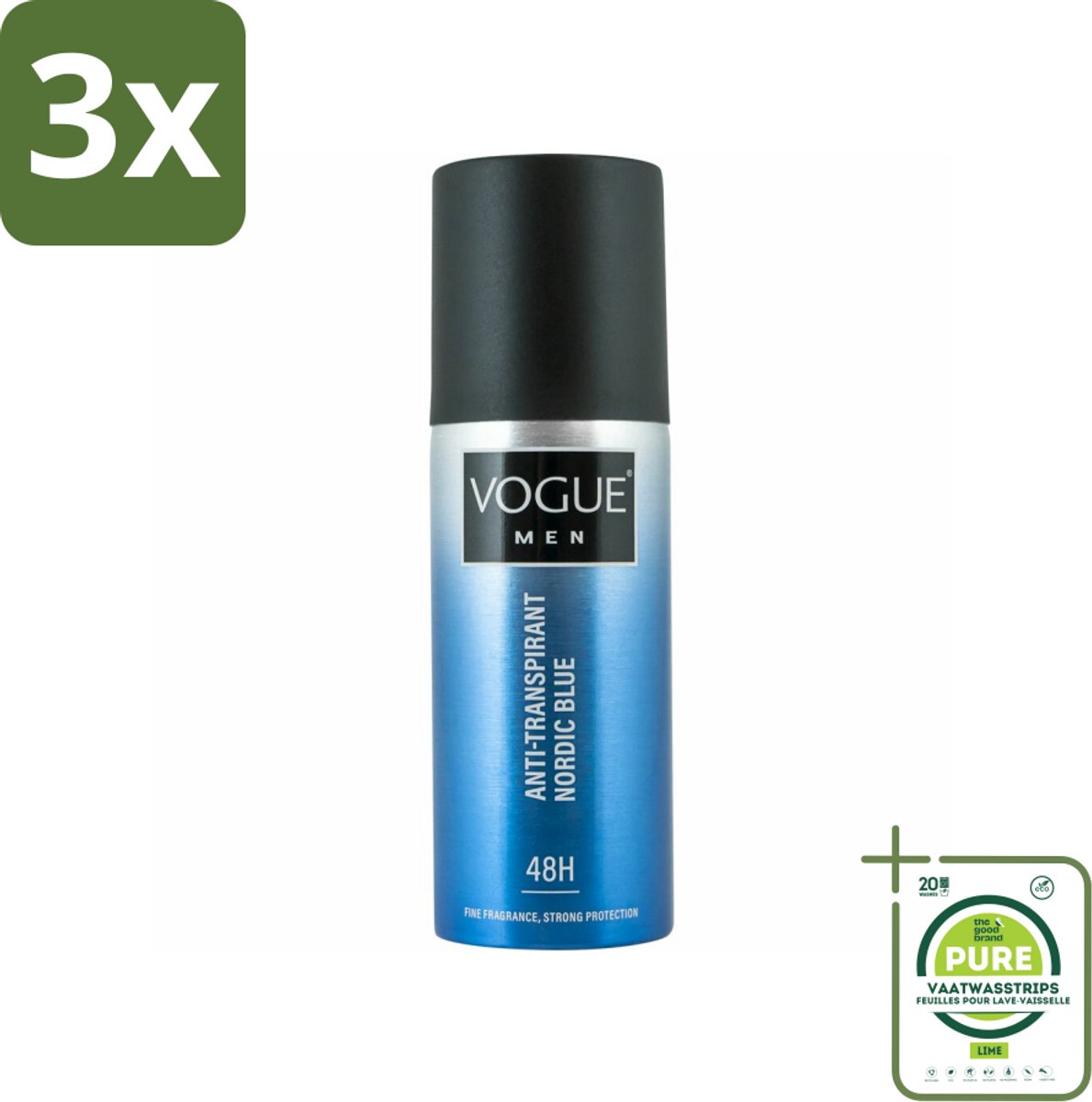 3 x Vogue Anti-Transpirant Nordic Blue 150 ml - Grootverpakking - Anti-transpirant - Deodorant Spray - Zweetvermindering - Frisheid - Geur