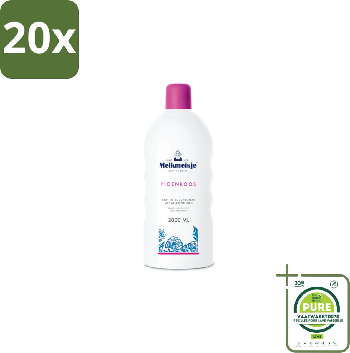 20 x Melkmeisje Bad en Douche Crème Pioenroos 2000 ml - Grootverpakking - Douchecrème - Melkproteïnen - Katoen - Huidverzorging - Pioenroos