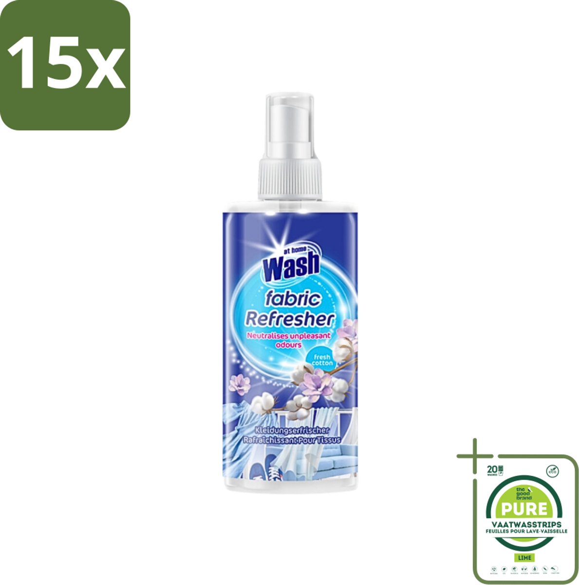 15 x At Home - Wash - Textielverfrisser - Fresh Cotton - Neutraliseert Onaangename Geuren - 300 ml - Grootverpakking - Textielverfrisser - Katoengeur - Geur Neutraliseren - Kleding Verfrissen - Stoffen Verfrissen