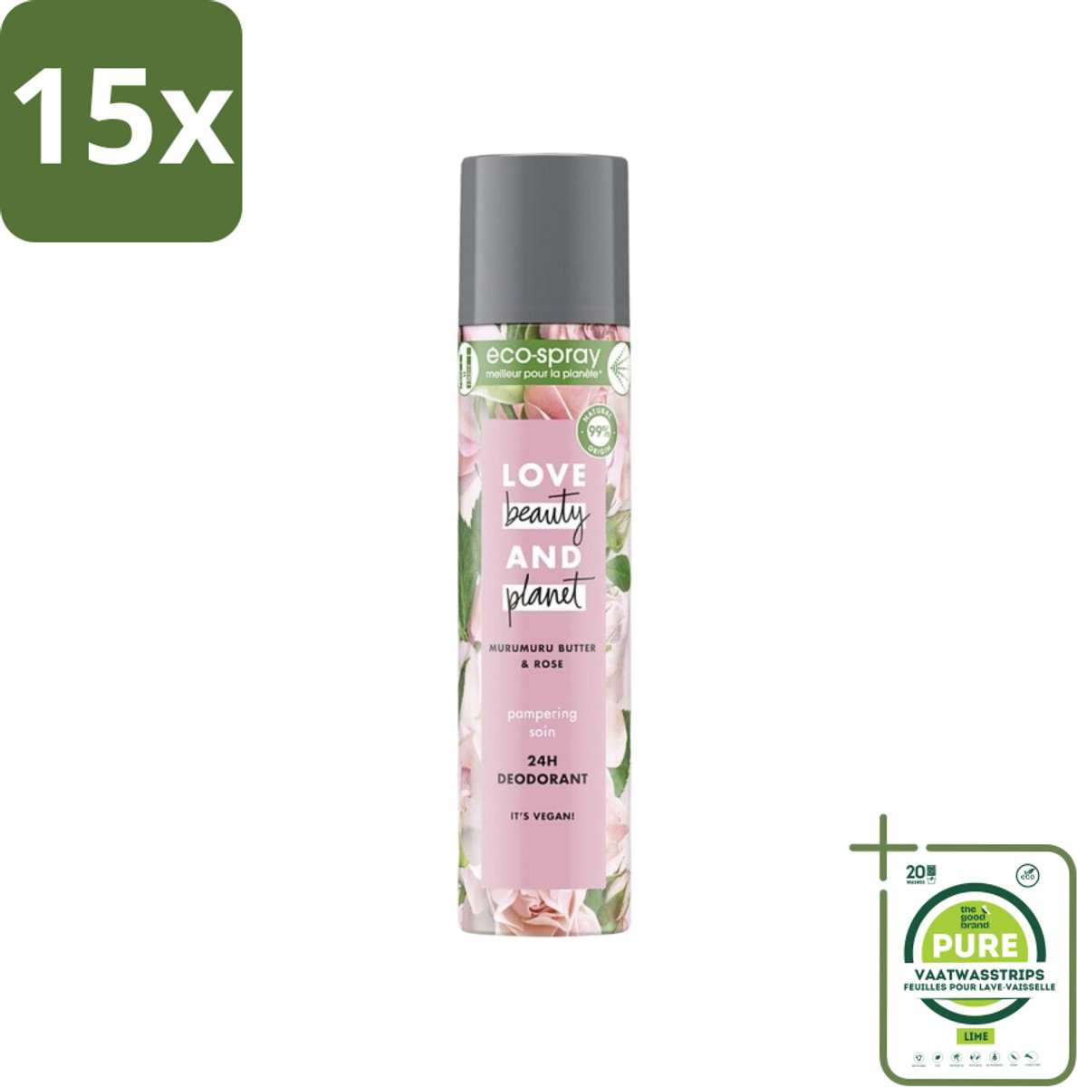 15 x Love Beauty and Planet - Deospray - Murumuru Butter & Rose - 75 ml - Grootverpakking - Deospray - Murumuru Boter - Roze Geur - Vegan Deodorant - Natuurlijke Deodorant