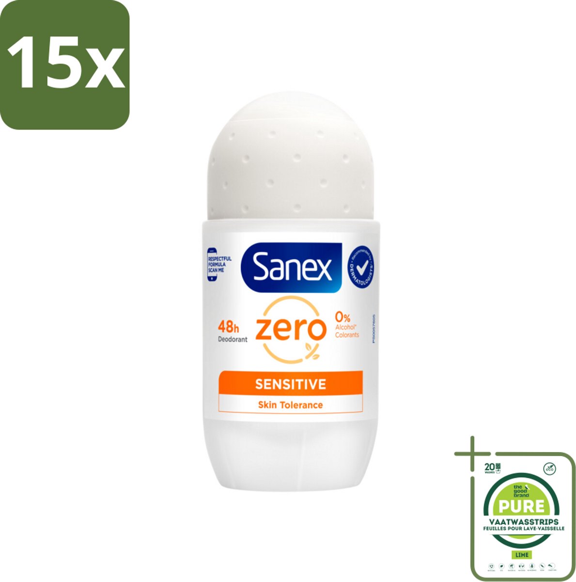 15 x Sanex Deodorant Roller Zero% Sensitive Skin 50 ml - Grootverpakking - Sanex Deodorant Zero% Sensitive - Alcoholvrije Deodorant - Parabenenvrije Deodorant - Gevoelige Huid - Milde Deodorant
