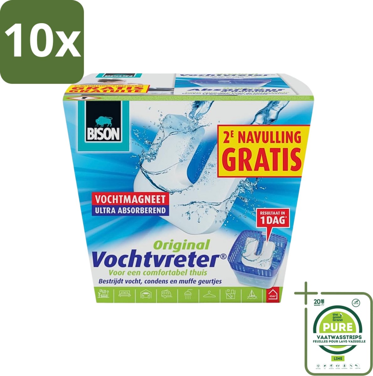 10 x Bison - Vochtvreter - Neutraal - Voor Woonruimtes, Campers & Caravans - 900 g + 2 Extra Navulmagneten - Grootverpakking - Vochtbestrijding - Vochtvanger - Luchtvochtigheid - Schimmel - Geur