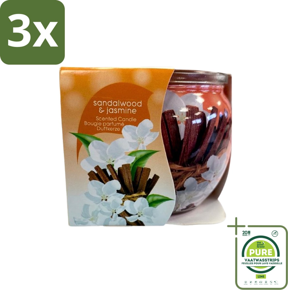 3 x At Home - Scents - Geurkaars - Sandalwood & Jasmin - 70 g - Grootverpakking - Geurkaars - Sandelhout - Jasmijn - Thuisgeur - Rustgevende Geur