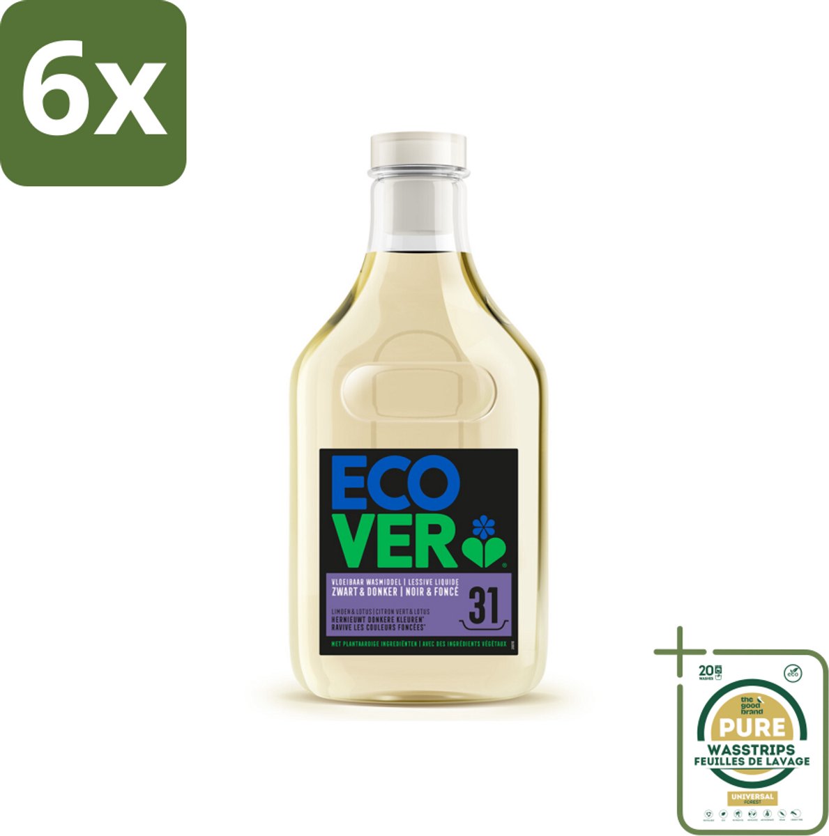 Ecover Vloeibaar Wasmiddel Zwart & Donker - Limoen & Lotus 31 Wasbeurten 1,43 liter - Voordeelverpakking - 6 stuks - Plantaardig wasmiddel - Milieuvriendelijk wasmiddel
