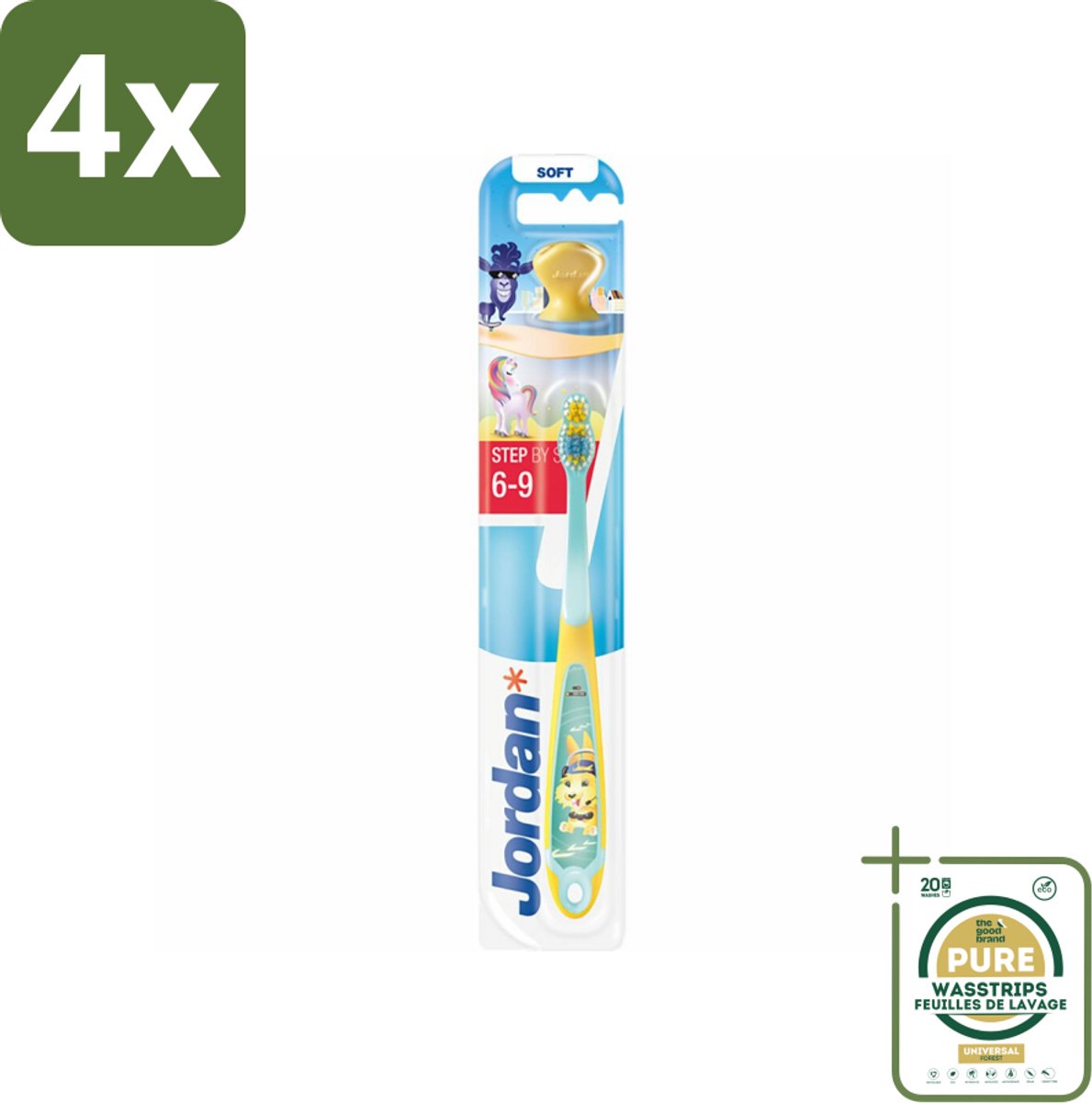 Jordan Tandenborstel Step 3 (6-9 jaar) - Voordeelverpakking - 4 stuks - Tandenborstel 0-2 jaar - Eerste tandjes