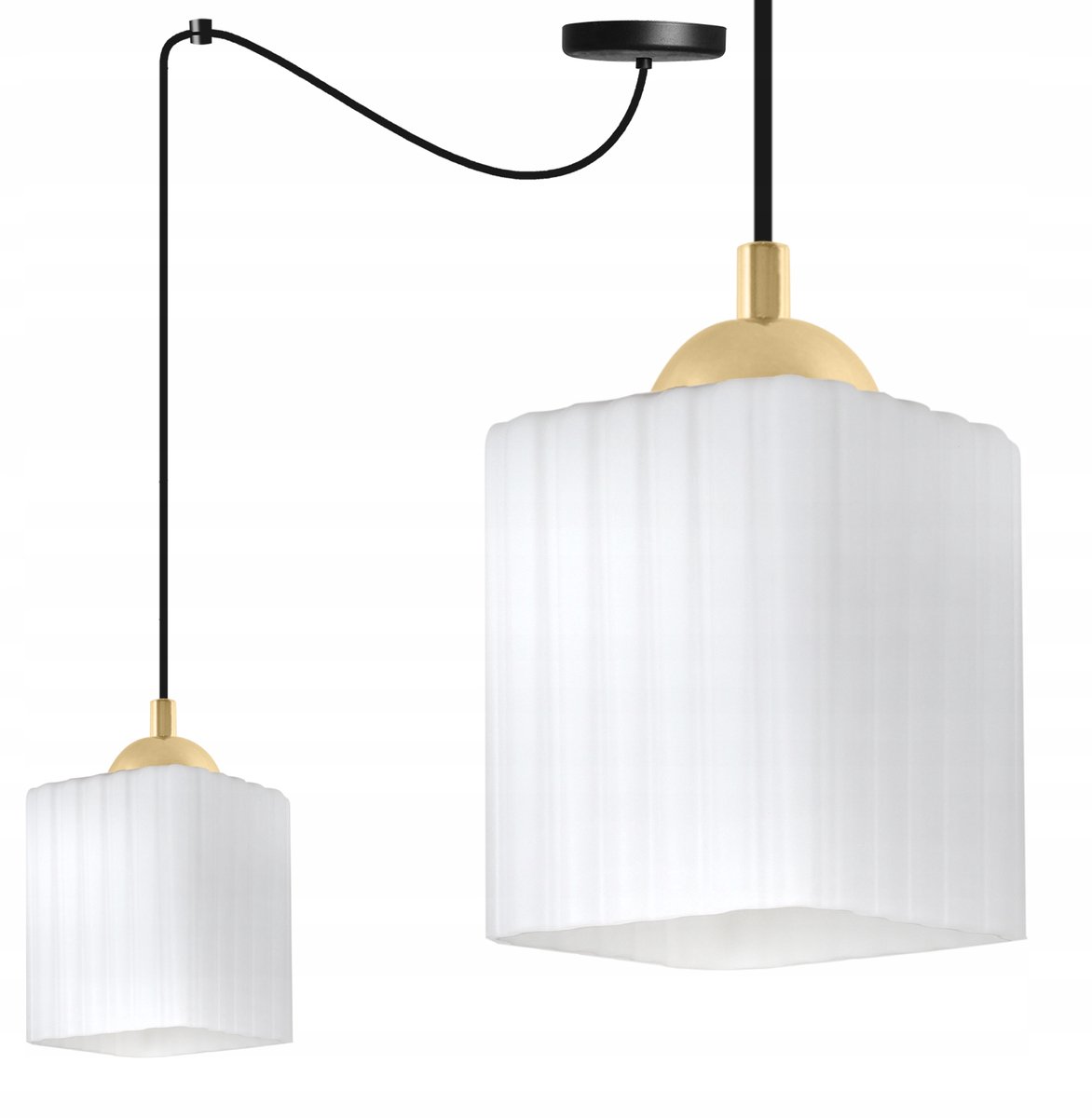 Merkloze Hanglamp met Witte Geribbelde Kap - Zwart/Goud