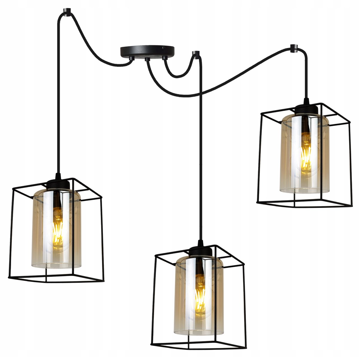 Merkloze Hanglamp met Glazen Kap, Zwart & Amber, 3xE27
