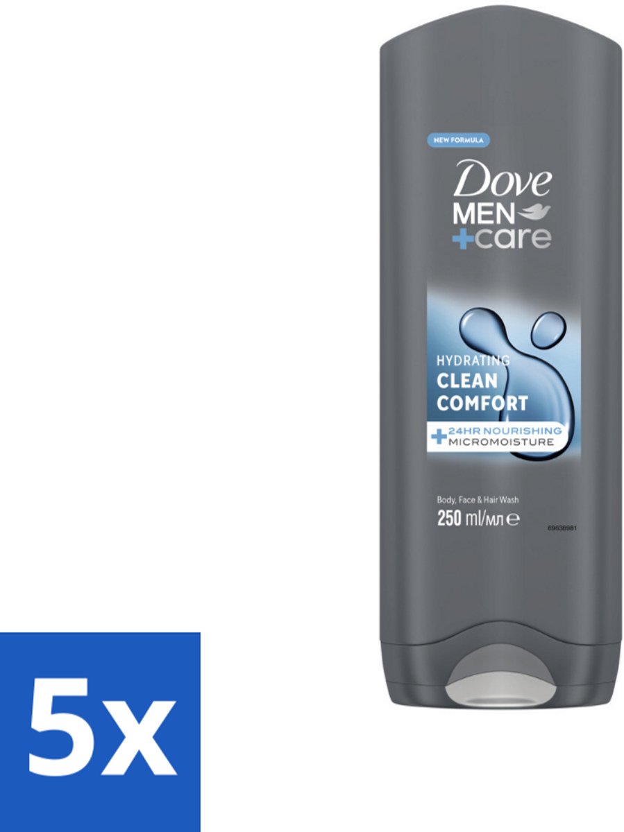 5 x Dove Douchegel Men+ Care Clean Comfort 250 ml - Douchegel - Fris - Energieke Geur - Hydraterende Douchegel - Zachte Huid